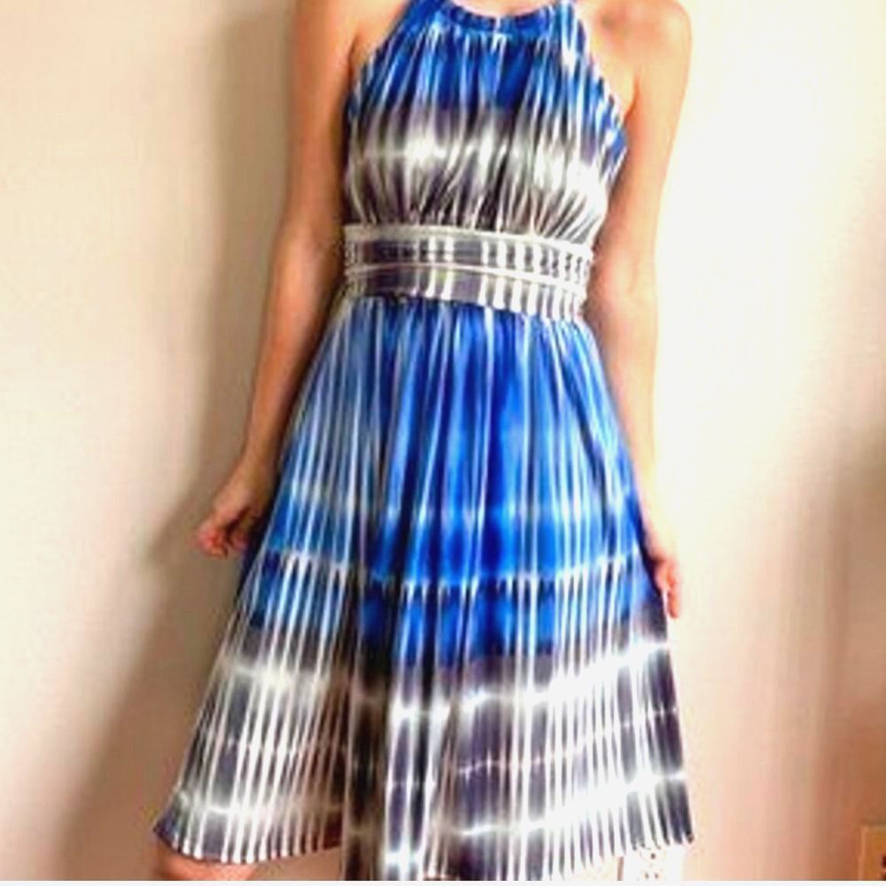 MAGGY LONDON Blue White Black sleeveless Halter Dress With Pockets SZ6